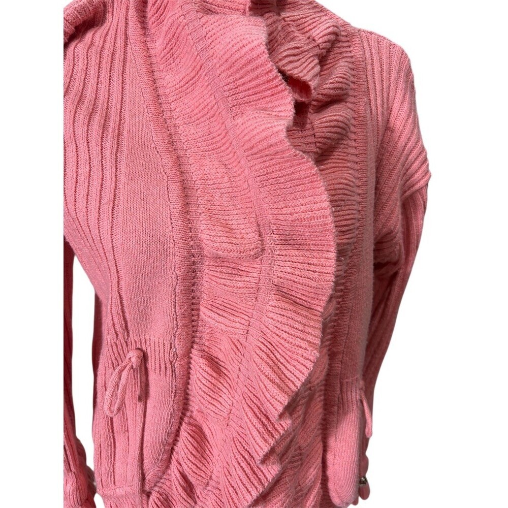 Jon & Anna Cardigan Sweater Womens L Pink Ruffle Open Front Waist Tie - Picture 2 of 9